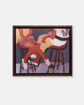 Framed artwork of two people sitting on stools with a white background