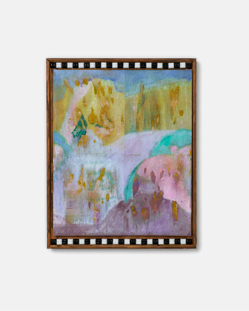 Framed abstract artwork with colorful brushstrokes on a white background