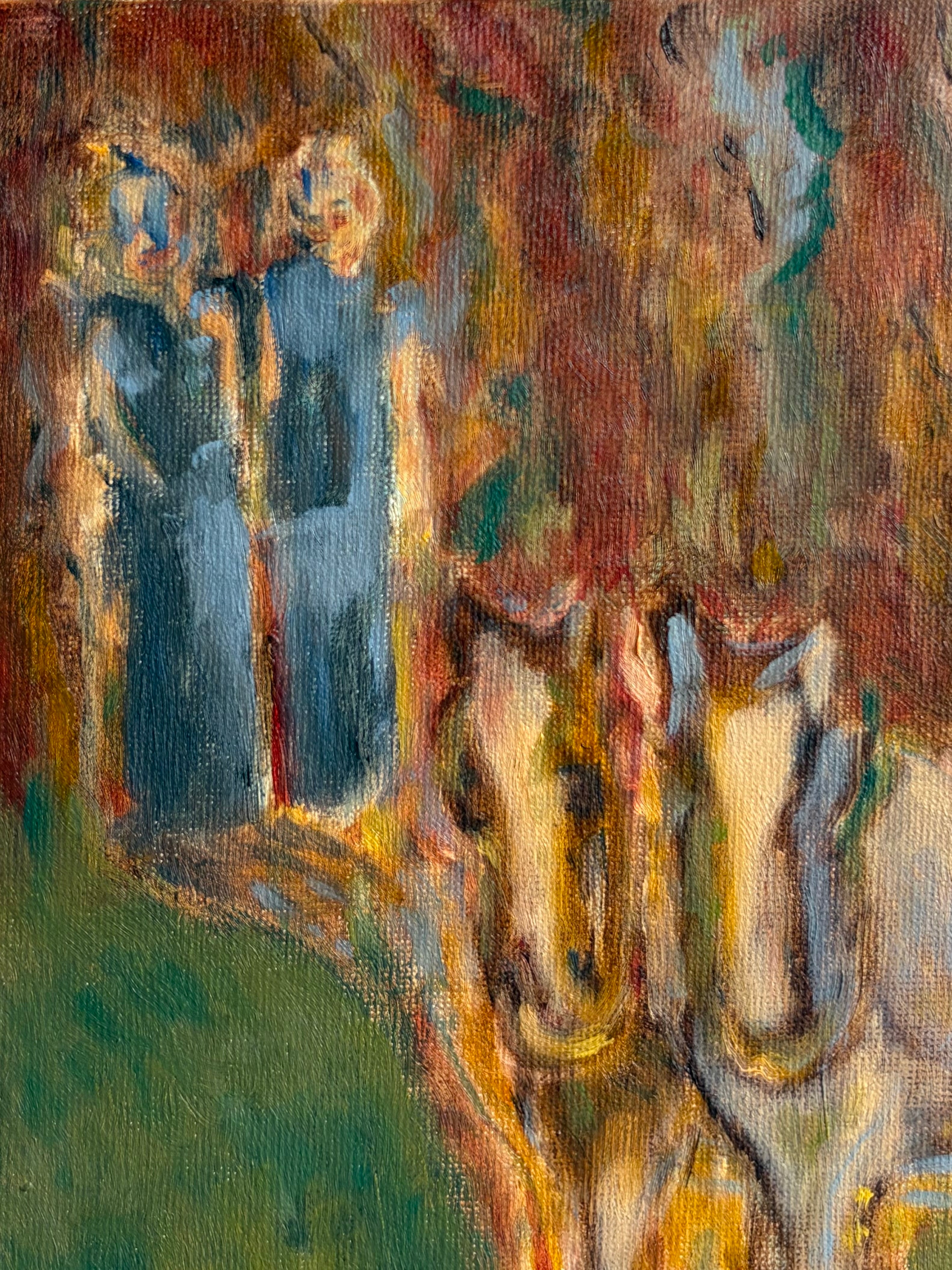 Abstract painting with warm tones and a figure in a blue dress.