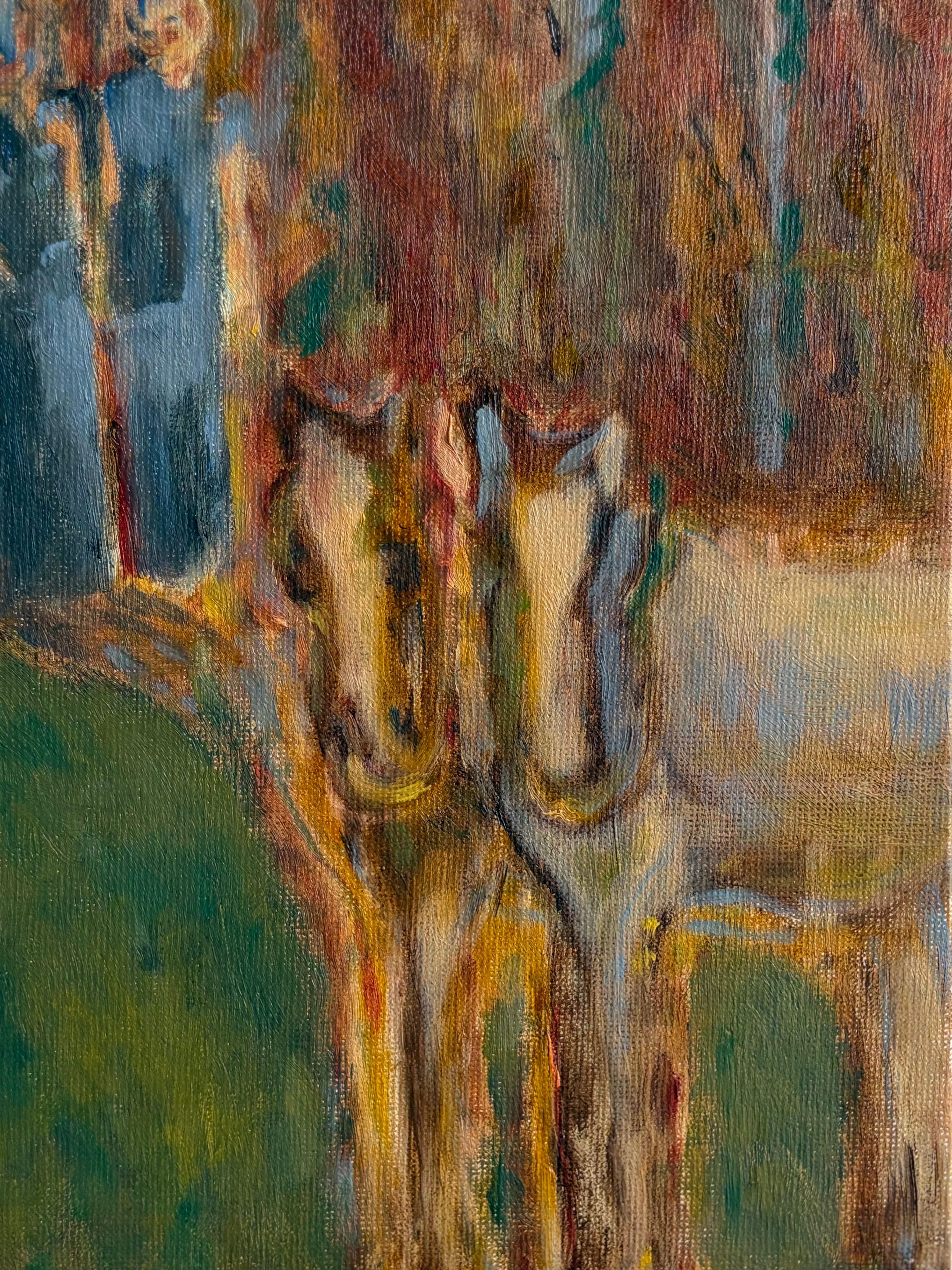 Painting of two horses standing side by side in a natural setting