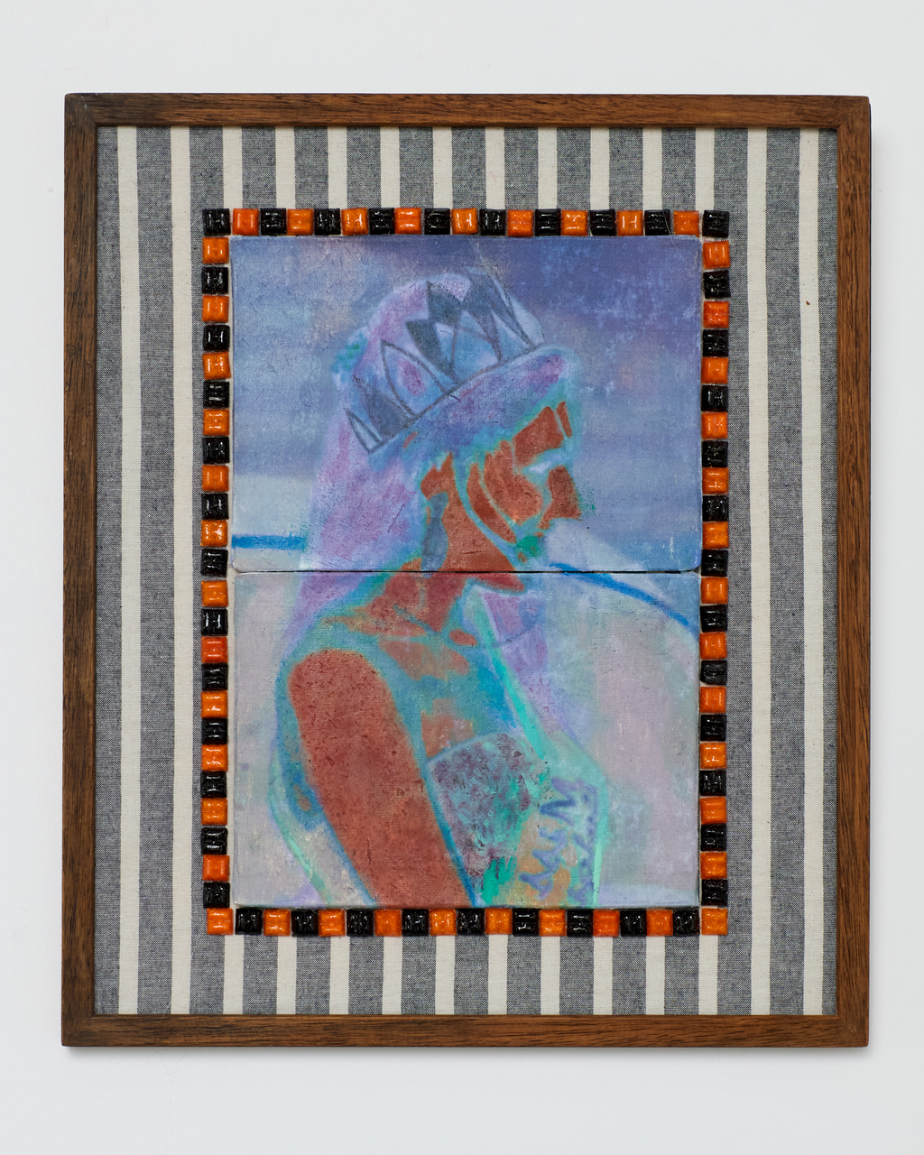 Framed artwork with a stylized figure on a striped background