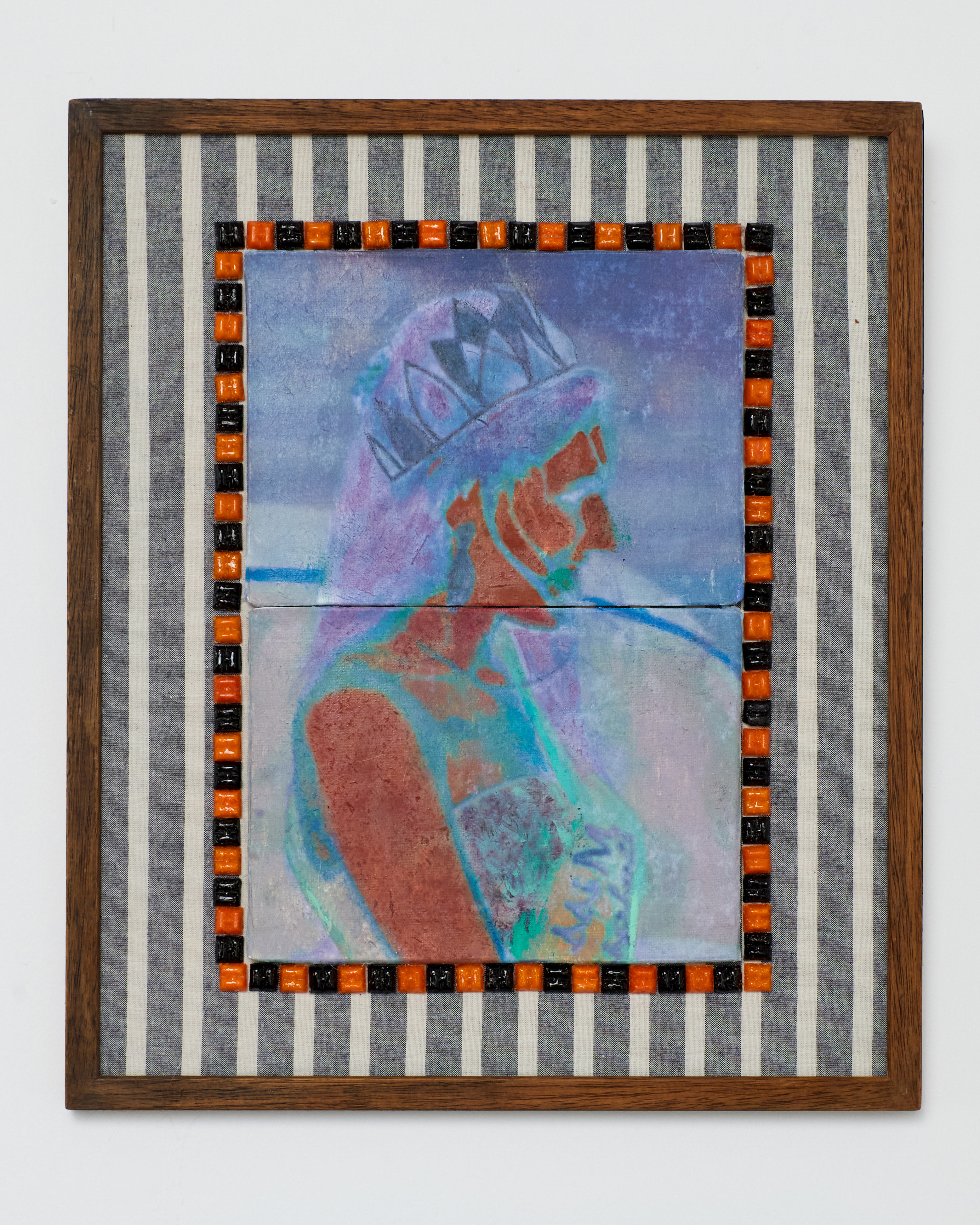 Framed artwork with a stylized figure on a striped background
