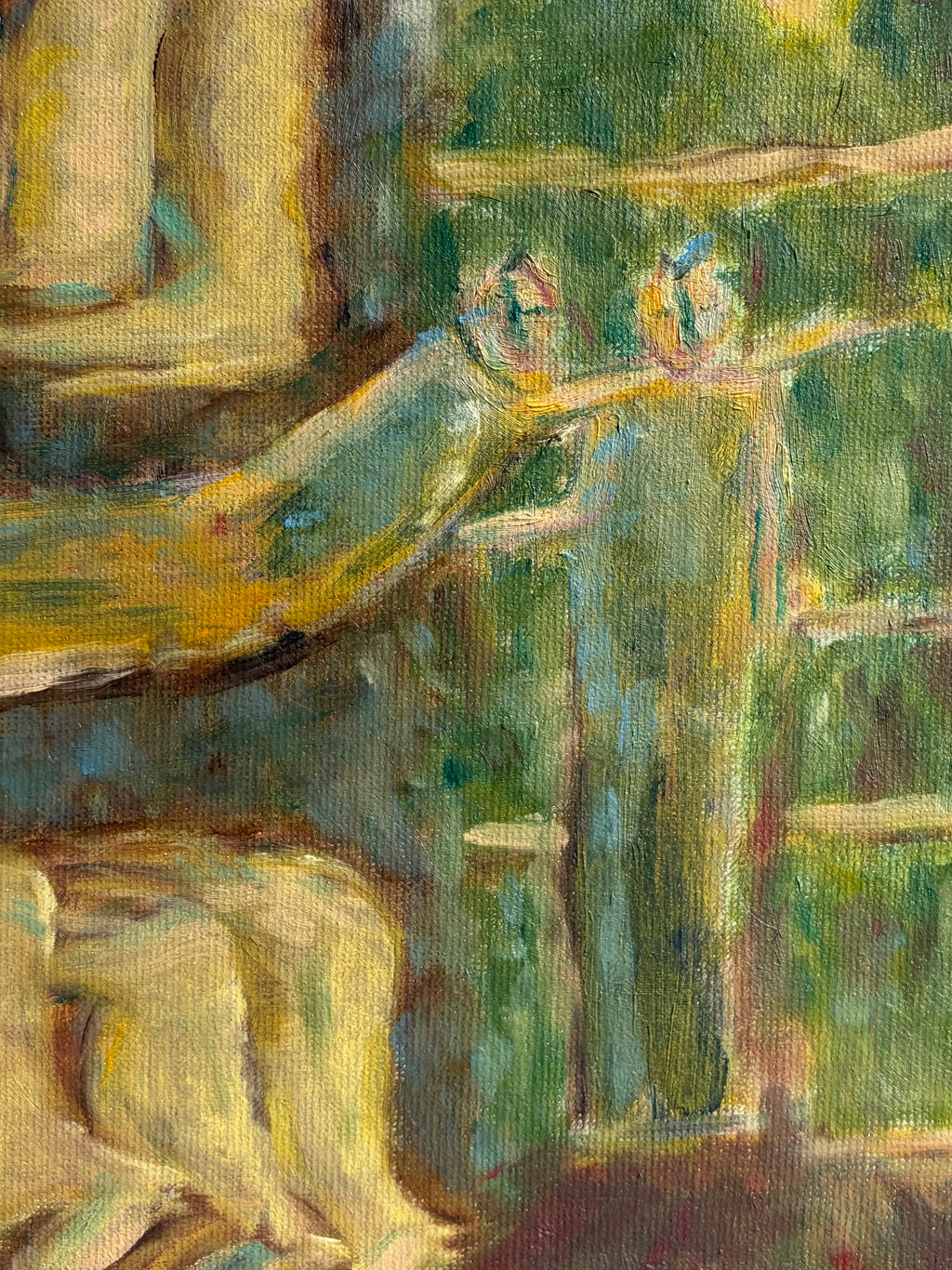 Artistic depiction of a person sitting by a lake with trees and water reflections.