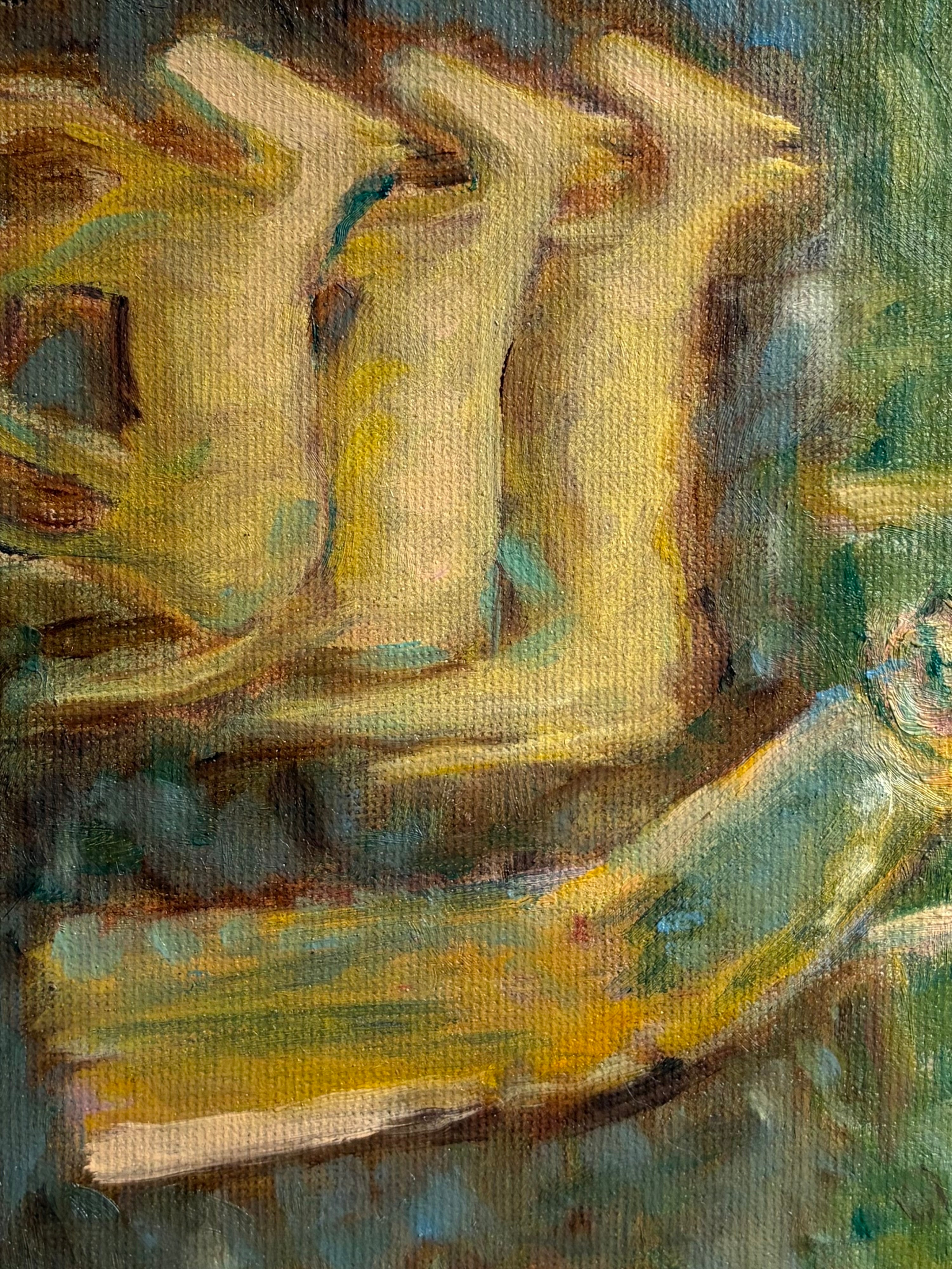 Stack of books with a textured surface, possibly oil painting.