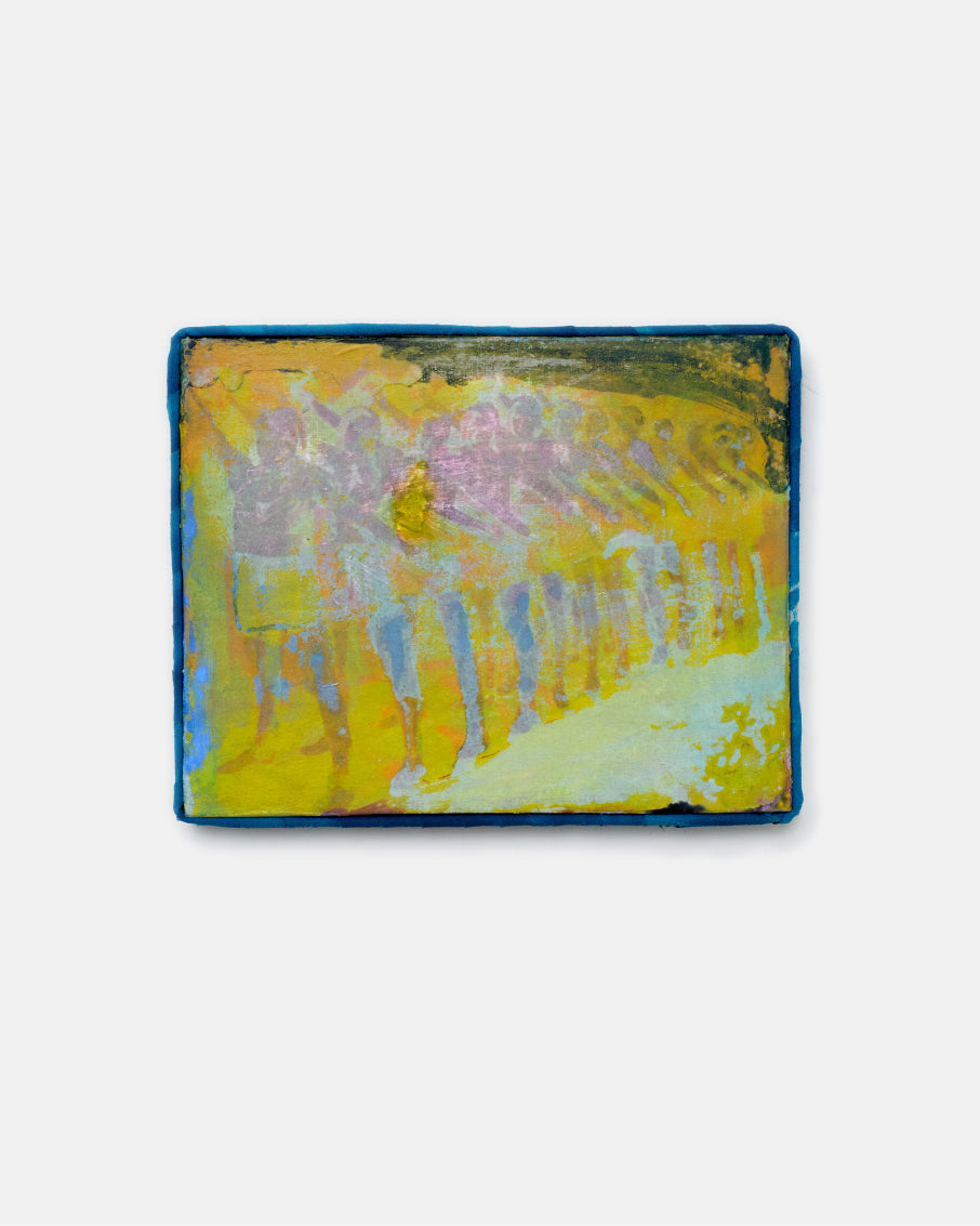 Abstract art piece with yellow, blue, and pink colors on a white background