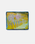 Abstract art piece with yellow, blue, and pink colors on a white background