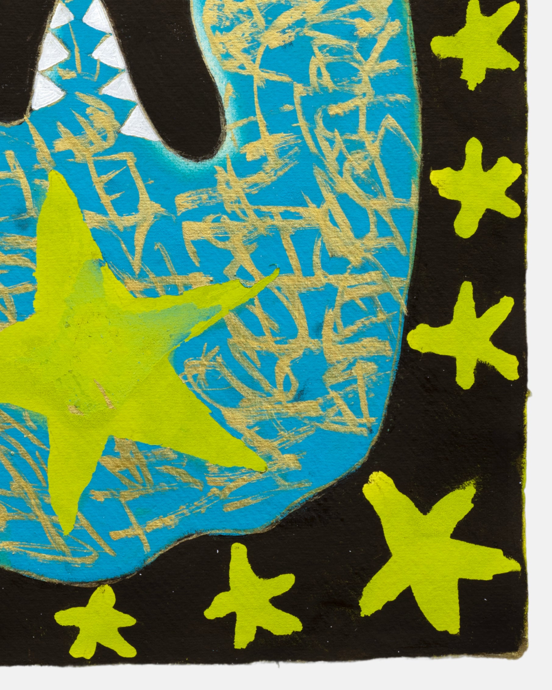 Abstract art piece with green stars on a blue and black background