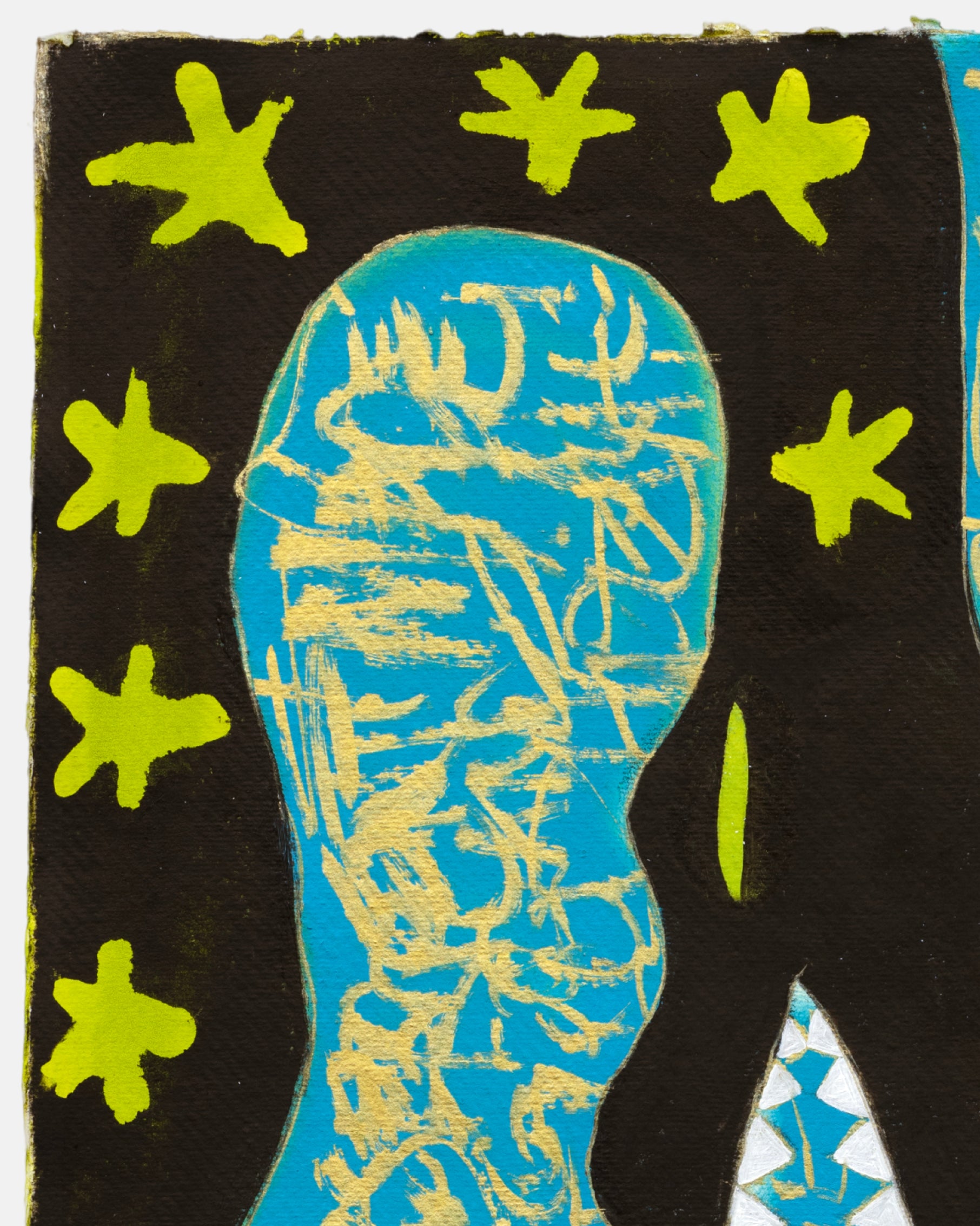 Abstract artwork with blue and yellow design on a black background with green stars