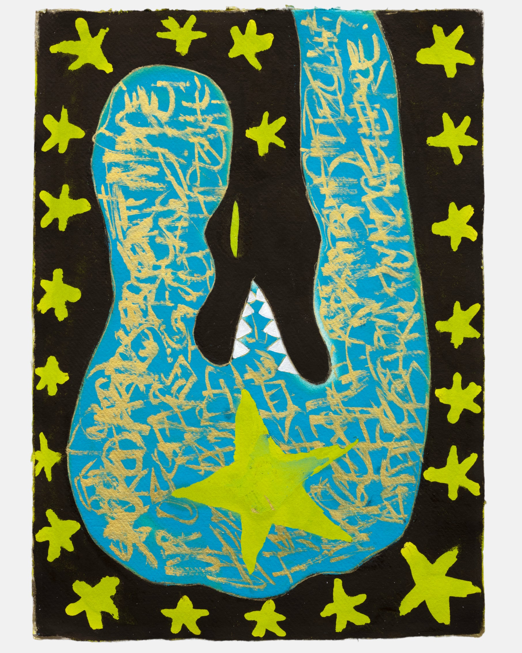 Artistic depiction of a foot with blue and black patterns, surrounded by yellow stars on a black background.