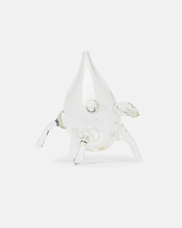 Clear glass sculpture on a white background