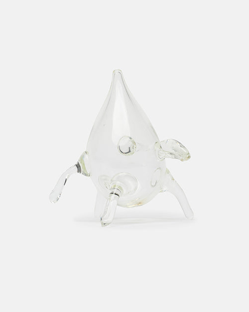 Clear glass sculpture on a white background