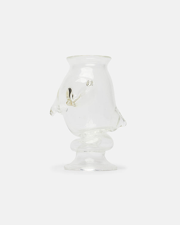 Clear glass vase with a decorative element on a white background