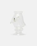 Clear glass vase with a decorative element on a white background