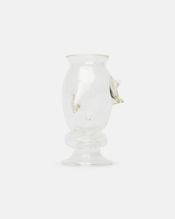 Clear glass vase with gold accents on a white background