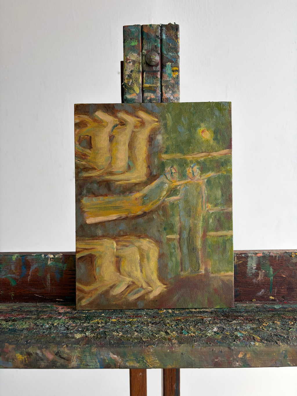 Artistic depiction of a figure on a wooden easel with abstract elements.