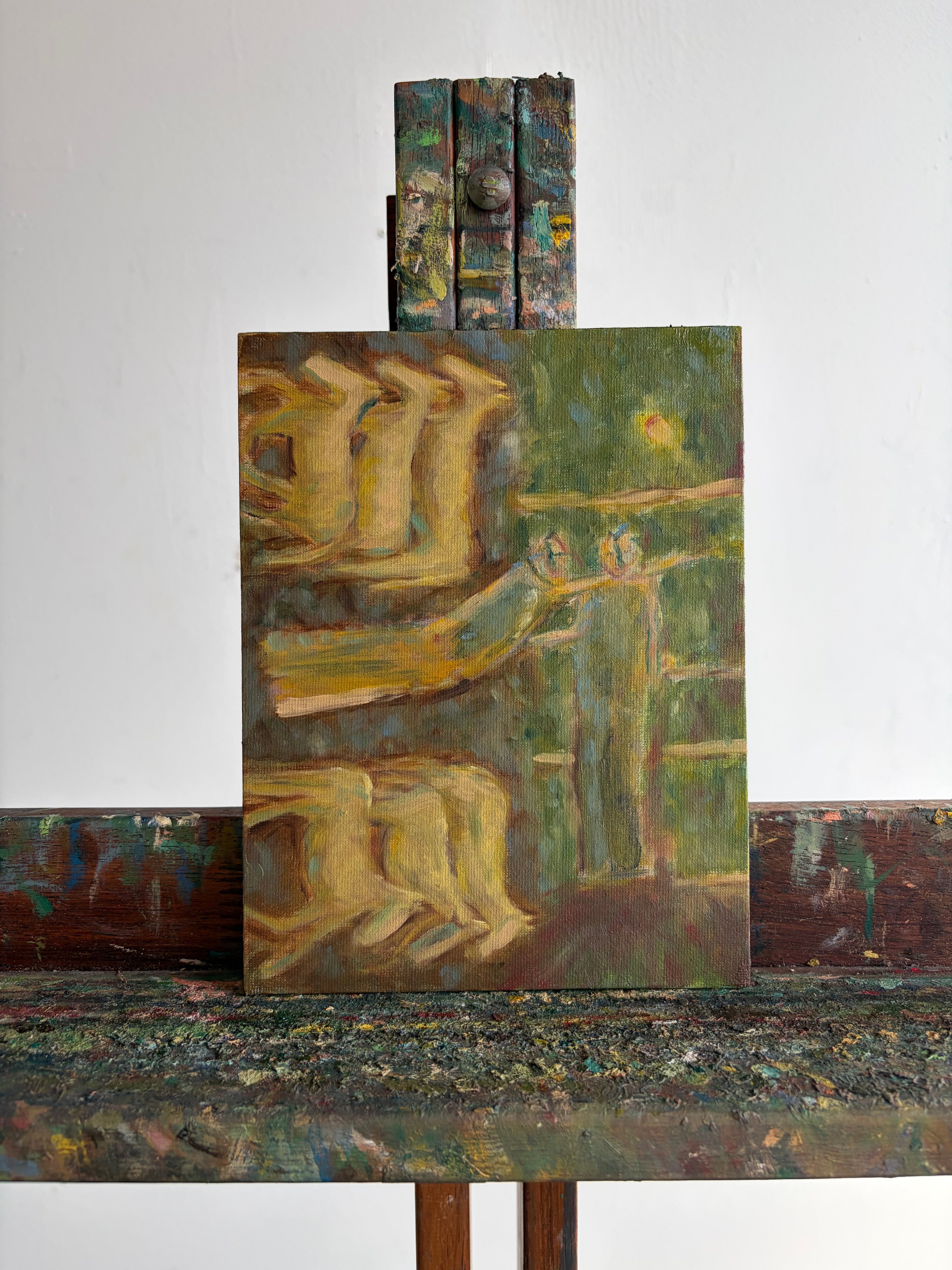 Artistic depiction of a figure on a wooden easel with abstract elements.