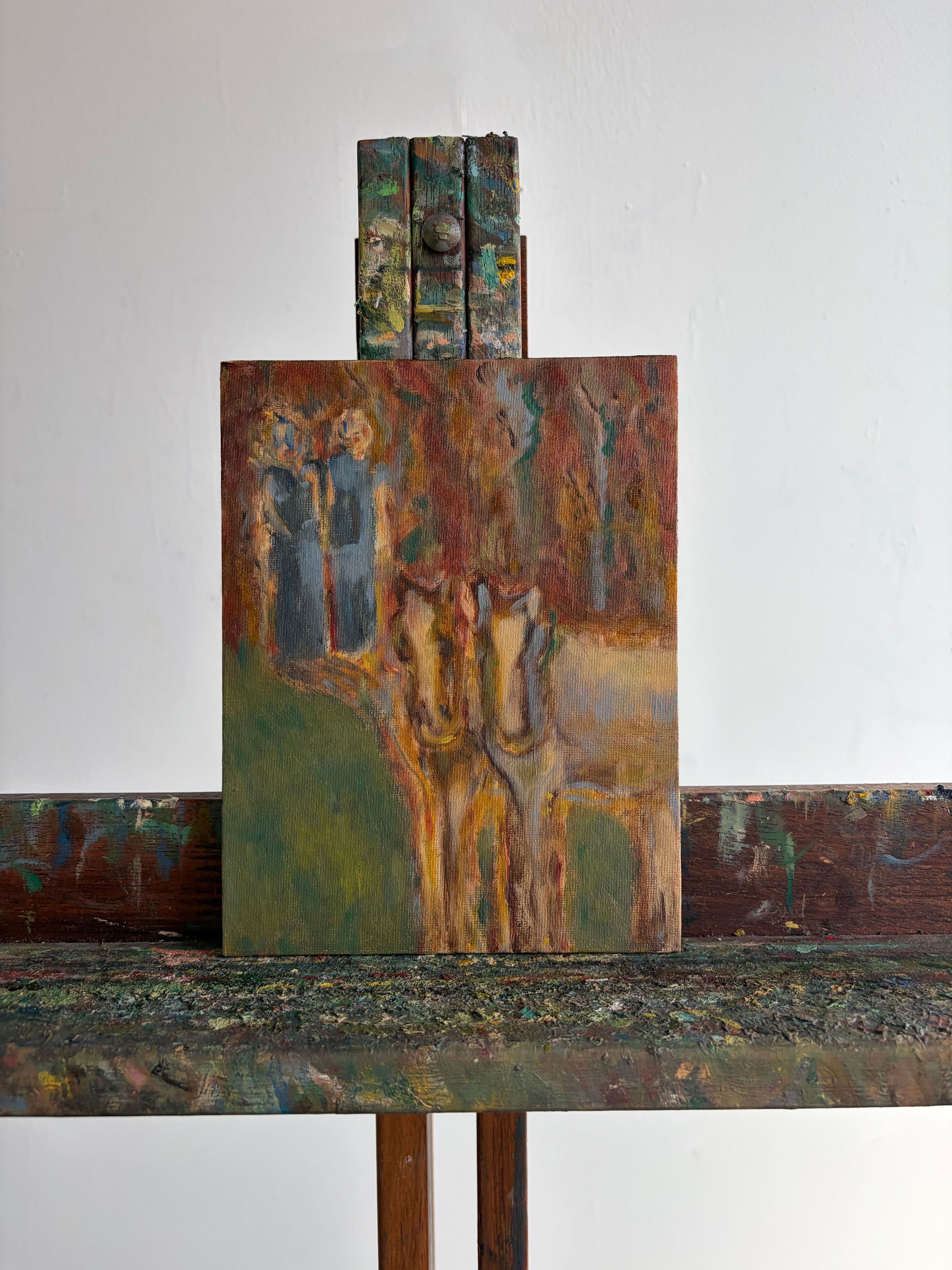 Artistic easel with a painting on a white background