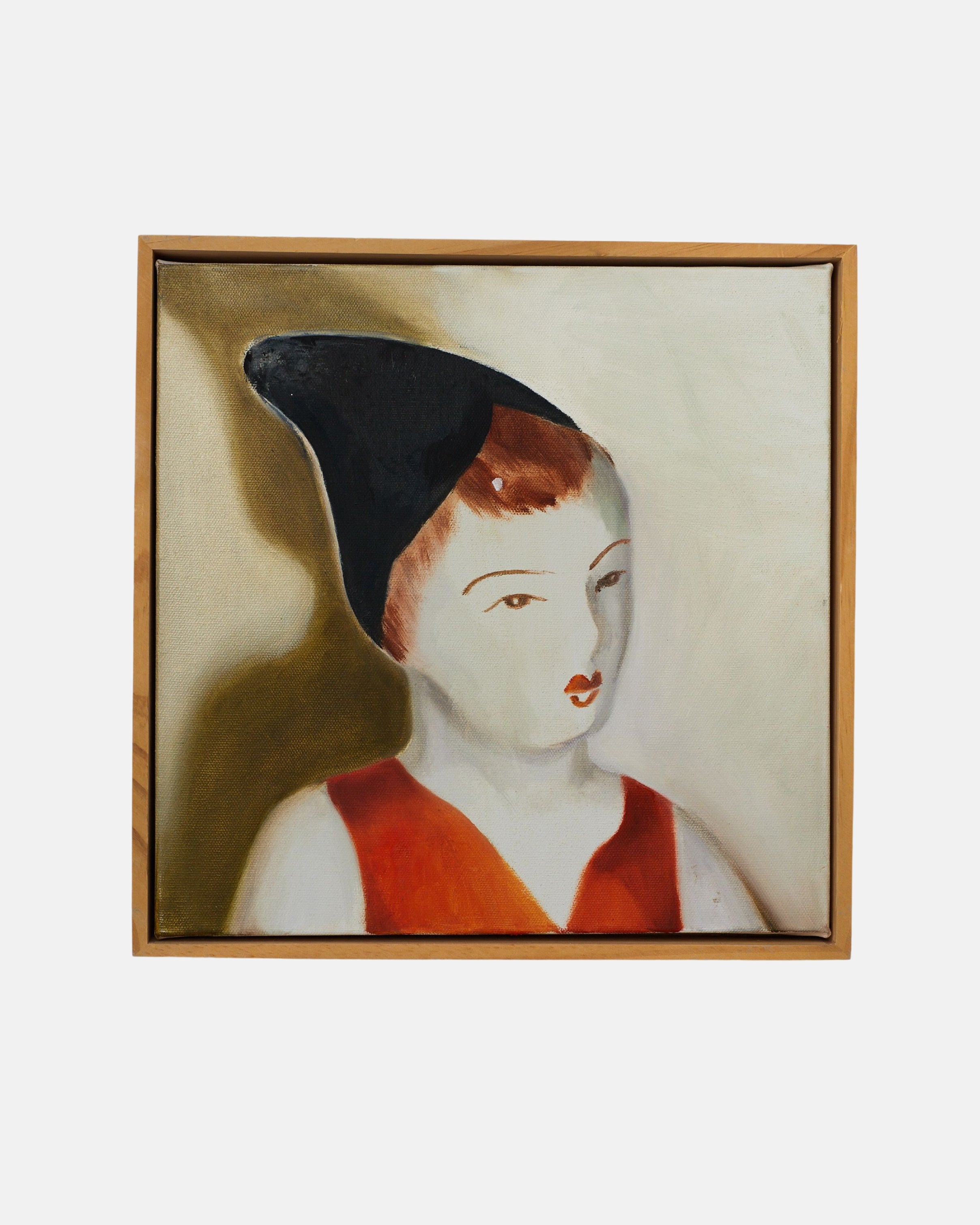 Framed artwork of a stylized portrait with a black hat and orange vest on a light background