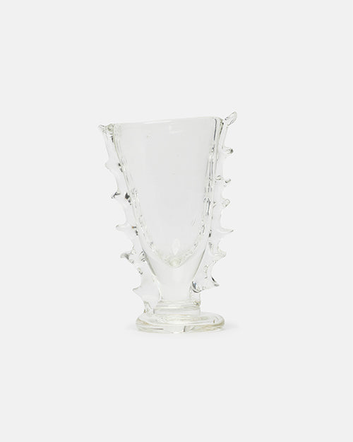 Clear glass vase with unique design on a white background