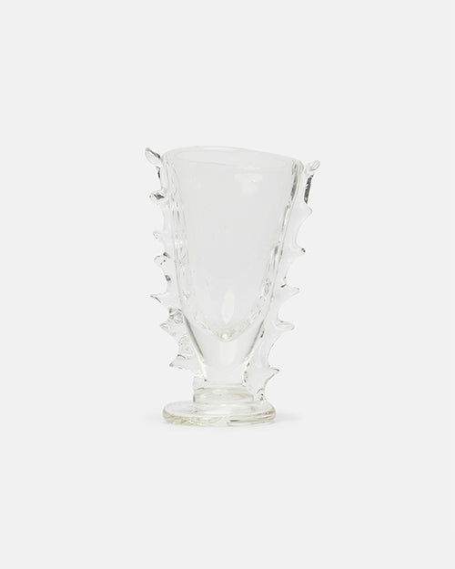 Clear glass vase with textured design on a white background