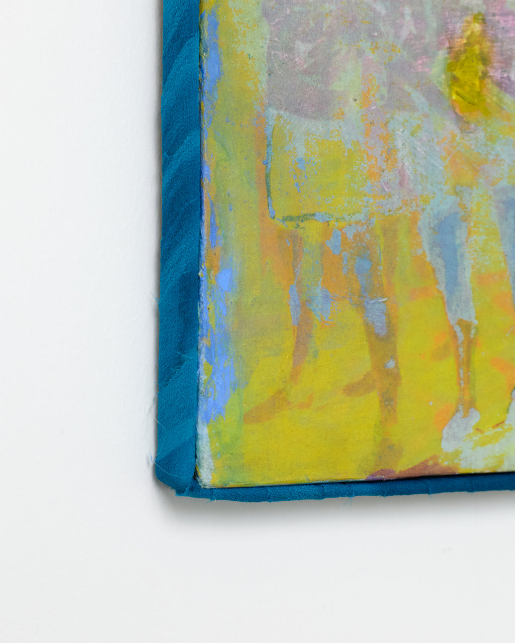 Colorful abstract painting with a blue border on a white background