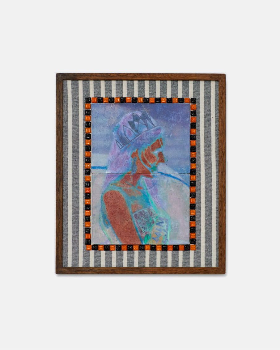 Framed abstract artwork with a striped border on a white background